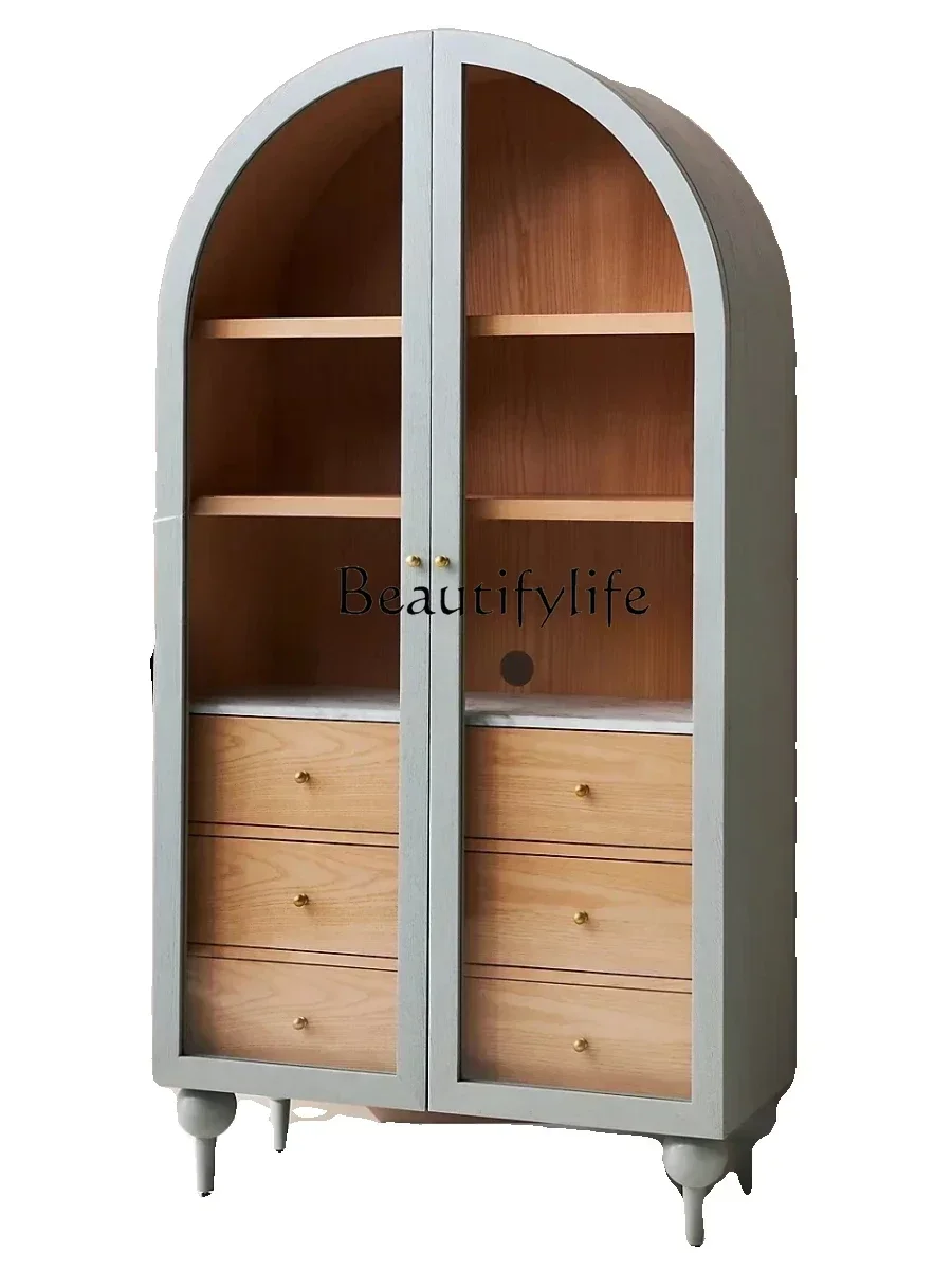 French Solid Wood Arch Retro Side Cabinet Nordic Glass Cabinet Modern Minimalist Double Door Bookcase