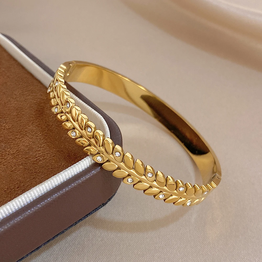 

Creative Leaves Stainless Steel Bangle for Women Glossy Rhinestone Golden Waterproof Spring Bracelet Daily Jewelry Accessories