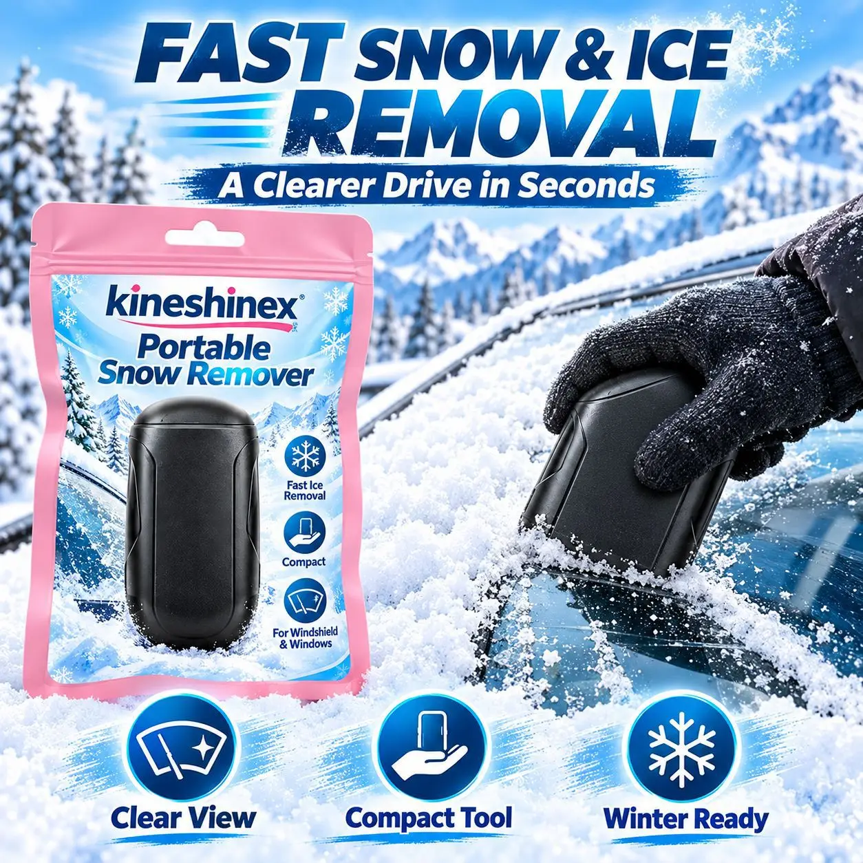 Portable Snow Remover for Car Windshield, Compact Handheld Ice Scraper for Cars SUVs Trucks, Winter Window Cleaning Tool
