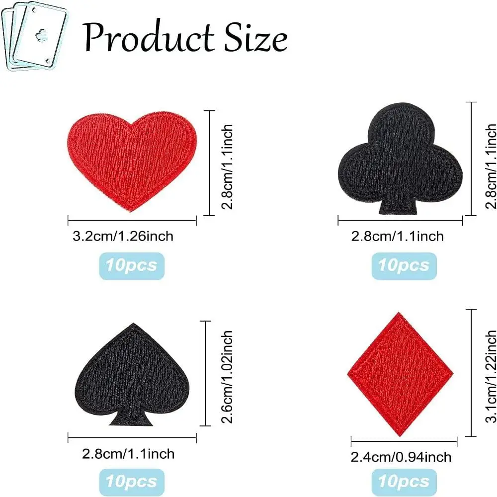 40pcs Playing Cards Patch Self-Adhesive/Sew Poker Appliques Patches Spades/Red Diamonds/Black Club/Red Heart Computerized