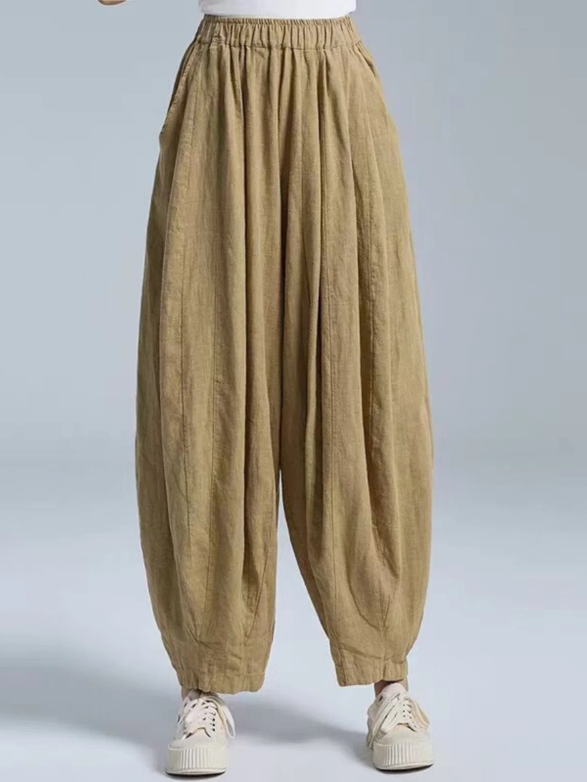 المرأة صيف 2025 جديد ريترو القنب فانوس السراويل فضفاضة واسعة الساق اليقطين السراويل القطن الكتان مريحة بناطيل كاجوال #1