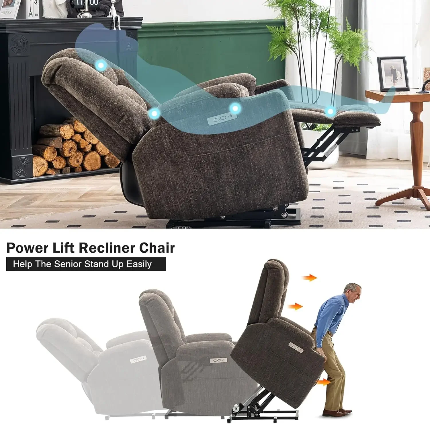 Power Lift Recliner Chair for Elderly with Heated and Massage, Upgraded Chenille Fabric Lift Chairs for Living Room w/ 2 Side