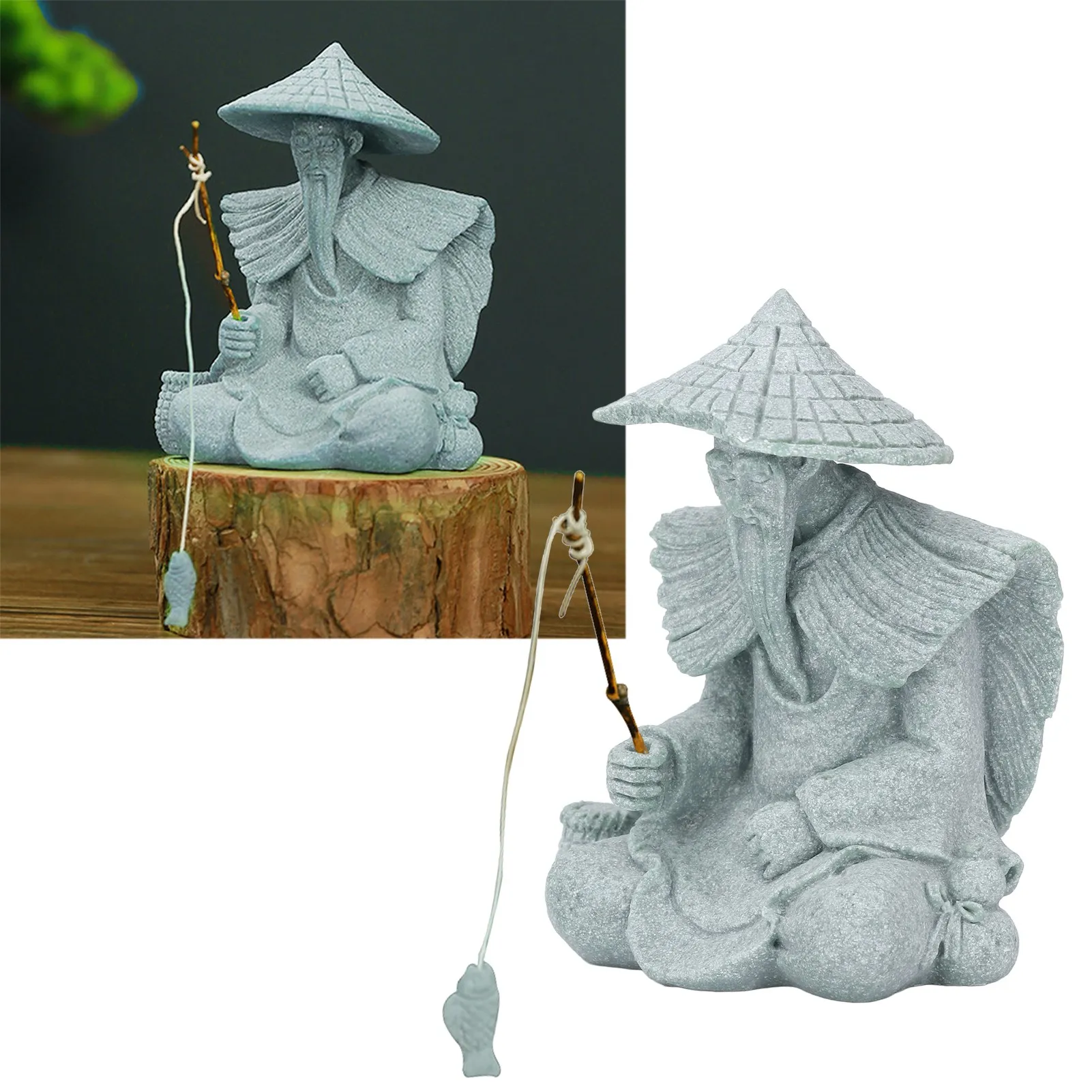 Chinese Style Fisherman Statue Sitting Fishing Old Man Figurine Small Desk Ornament For Cabinet Living Room Office Decoration