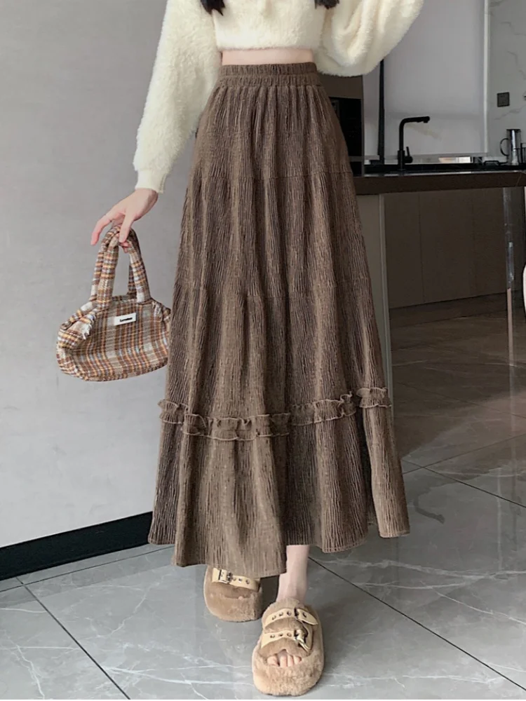 

SMTHMA New Fashion Thick Corduroy Cake Long Skirt 2025 Autumn Winter Temperament Spliced Lace A-line Velvet Skirt