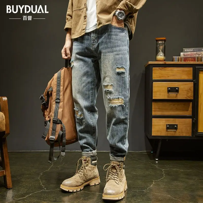 Male Clothes Men's Loose Spring Ripped Patch Jeans Men's Tapered Retro High Street Large Size Straight High-end Harlan Pants