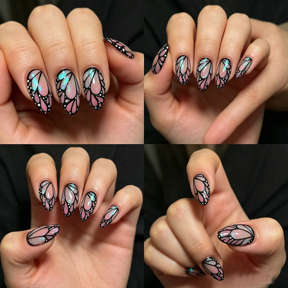 

24Pcs Y2k Black Butterfly Wings Press on Nails Stunning Cat's Eye Butterfly Wing False Nails Full Cover Almond Fake Nail Patches