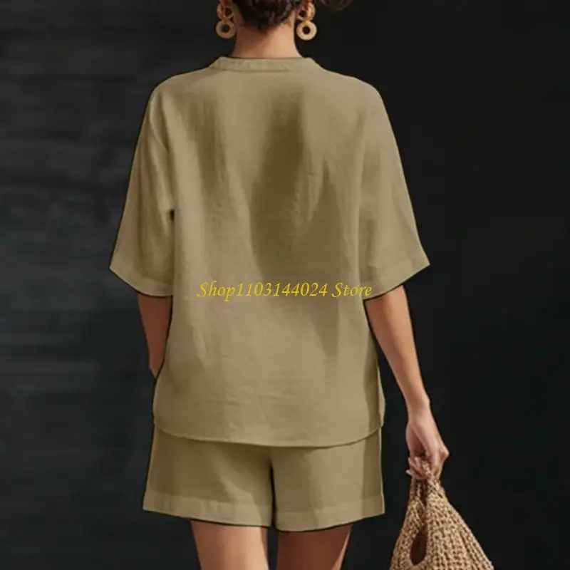 N5KE Women's two-piece linen shorts set, vacation , V-neck short-sleeved beachwear, loose button-down cotton pajamas