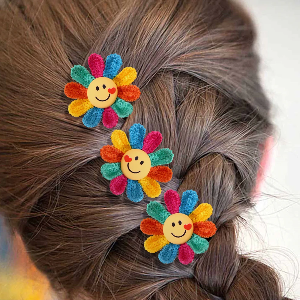 4pcs/Pack Rainbow Yarn Sunflower Hair Clips for Girls Children Girls\' Hair Accessories Kids Headwear Hairpin Hair Pins and Clips