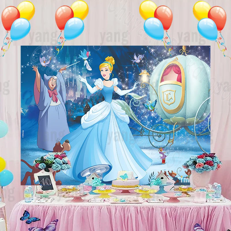 Free Customize Magic Disney Custom Cinderella White Pumpkin Wagon Blue Background Princess Girl Baby Birthday Party Backdrop