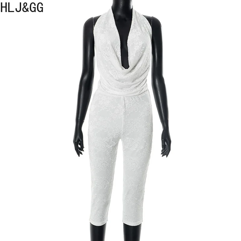 HLJ&GG Sexy Hollow Out Lace Deep V Halter One Piece Jumpsuits Women Backless Slim Rompers Fashion Solid Clubwear Overalls 2025