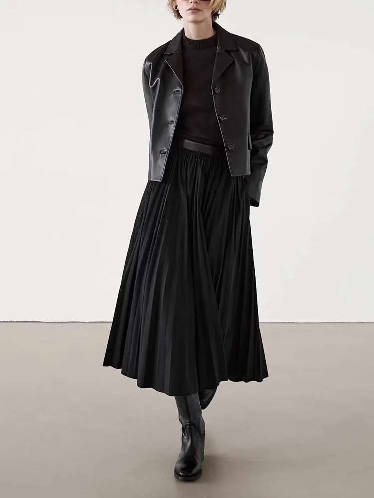 Fall New Arrival ZA2024 Women's Commuter Sle Waisand Leather Panelled Pleated  Skirt Mid-Length A-Line Skirts