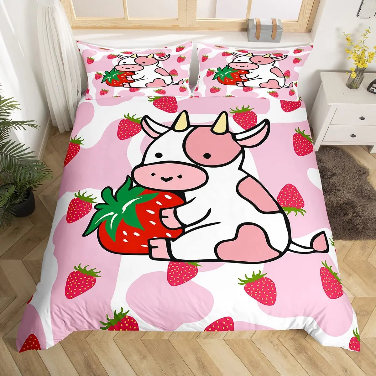 Cute Milk Cow Duvet Cover Set Kawaii Highland Cow Girls Kids Women Bedding Lovely Pink Farmhouse Animal Decor Comforter Covers