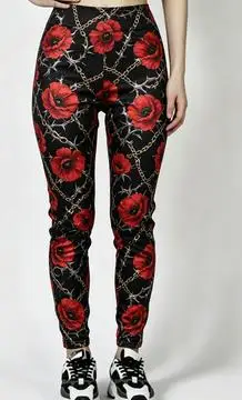 Women Mid‑Rise Fleece Lined Leggings Red Flower Chain Thorn Print Warm Elastic Casual Pants