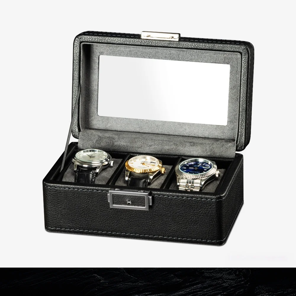 Luxury Vintage Retro Black Green PU Leather 3  Slots Dustproof Watch OrganizerVelvet Lining Watch Organizer Box