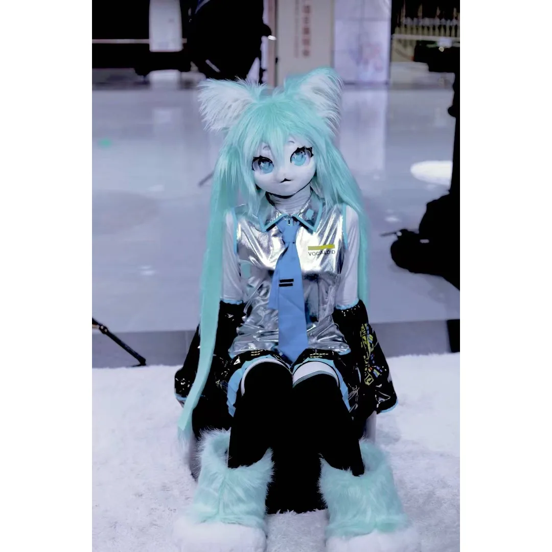 Máscara peluda de Cosplay de Miku, disfraz de cabeza de Kigurumi, máscara de cabeza de Kig de gato, auriculares, disfraz de Animal para fiesta, accesorio de actuación, regalo para niños