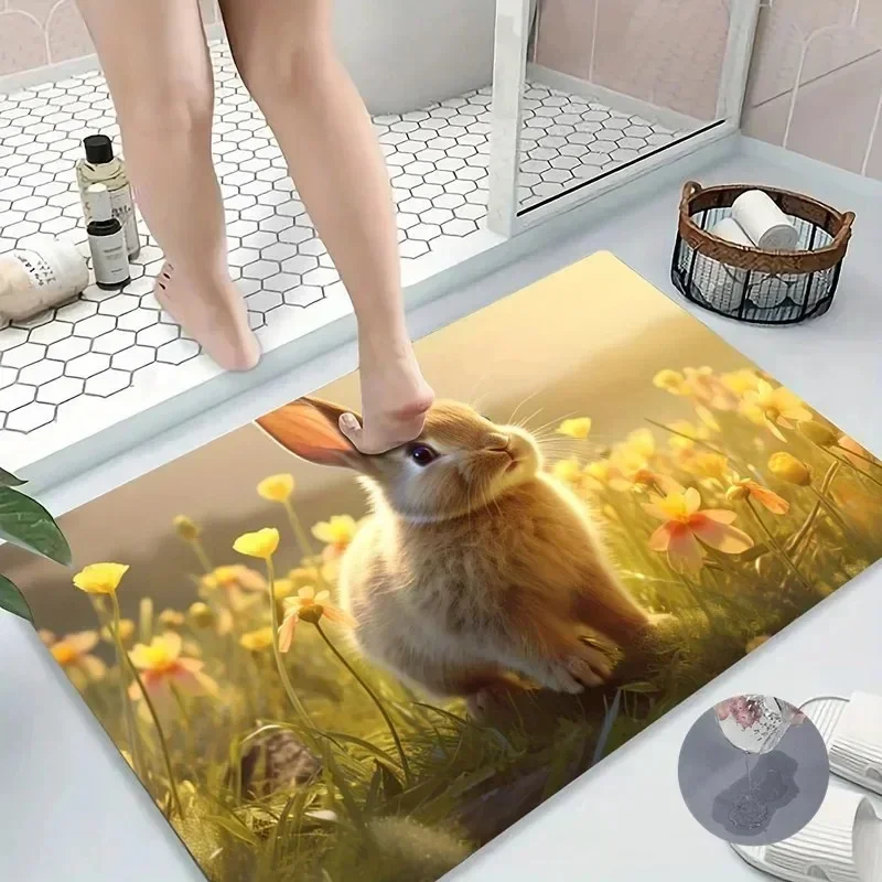 Rabbit & Yellow Flowers Bath Mats Happy Easter Decorative Carpet Non Slip Foot Mat for Home Bathroom Area Super Absorbent Rugs