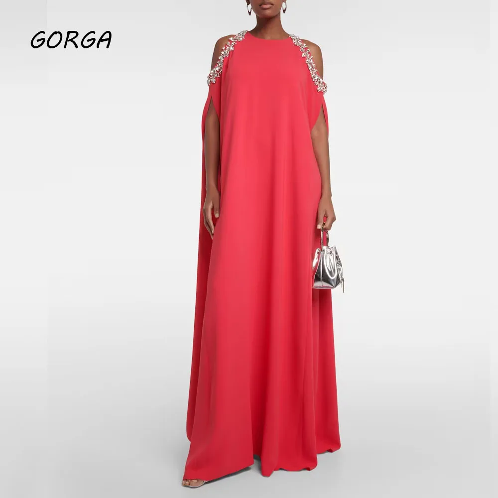 GORGA Simple Red Beading O-Neck A-LINE 2024 Slim Backless Crepe Ocassion Gown Floor-Length Evening Dressفستان سهرة نسائي