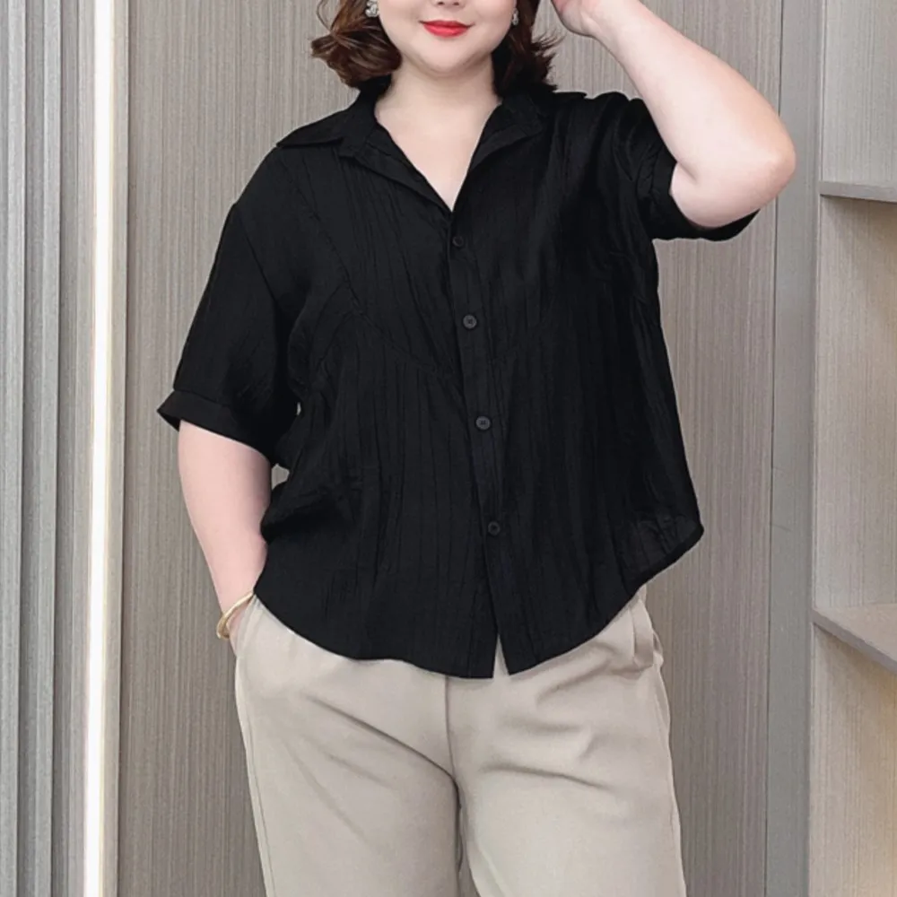 Plus Size Women's Summer short-sleeved Shirt Female Loose Thin Fold Blouses