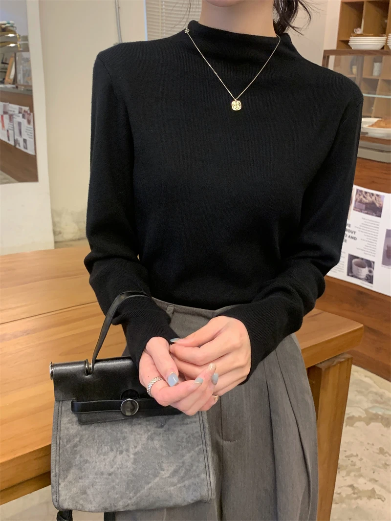 

Pure Color Knit Top Women High Quality Long Sleeve Base Layer Half High Neck Autumn Winter Fashion Pullover