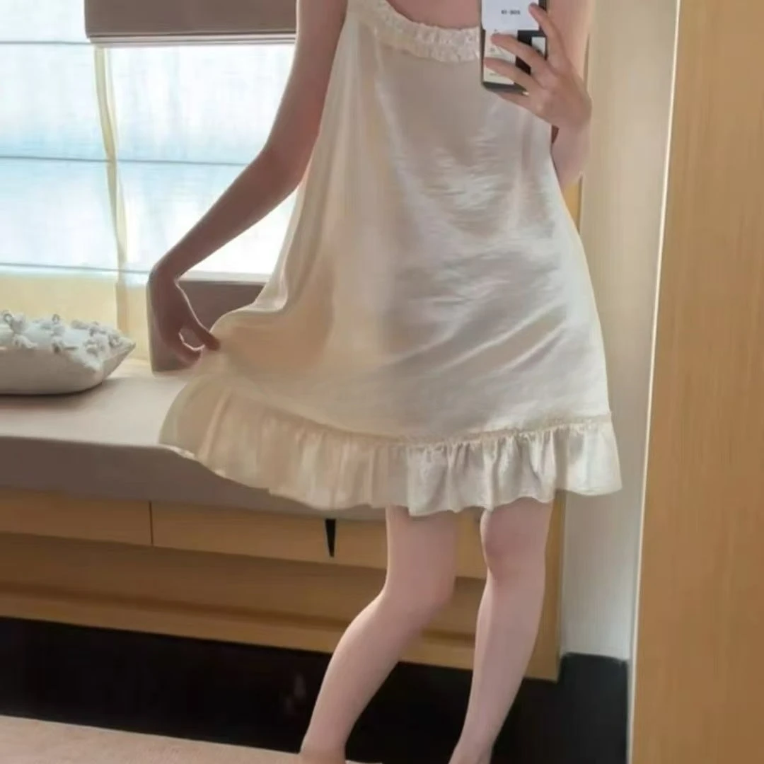 

Ice Silk Satin Summer 2026 New Pearl White Princess Pajamas Satin Lace Suspender Women's Skirts