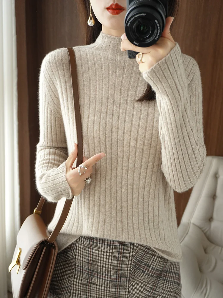 Basic Autumn Winter Merino Wool Women Sweater Mock Collar Office Lady Slim Knitwear Casual Pullover Korean Casual Clothes Tops