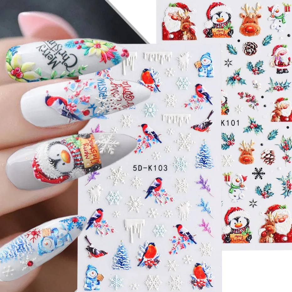 5D Sneeuwvlok Reliëf Nail Sticker Wit Elanden Boom Gesneden Kerstman Kerst Nail Glitter Slider Nail Accessoires SASTZ5D01-08