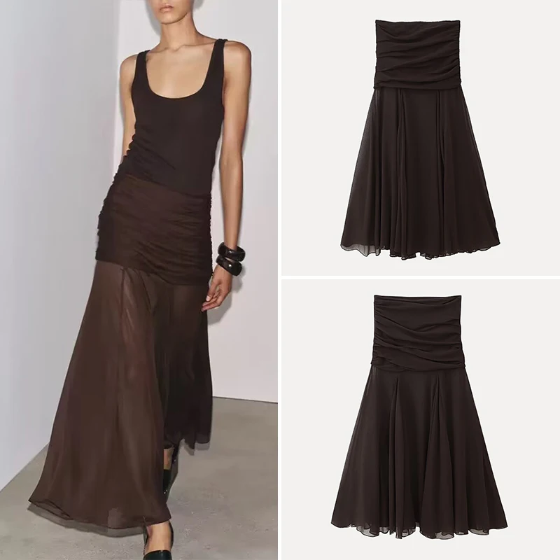 

Z Faionable Pleated Design Semi-Transparent Women's Skirt High Waist A-Line Long Dr Simple Sle Commute Polyester ...