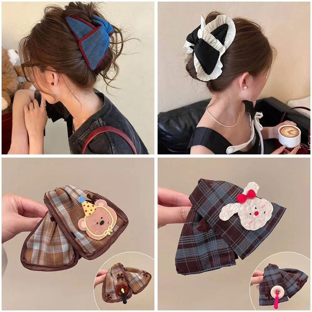 Spinki do włosów w kratę, materiałowe, z kokardką, kreskówkowe, królik/niedźwiedź, koreańskie wsuwki dla dziewczynek.