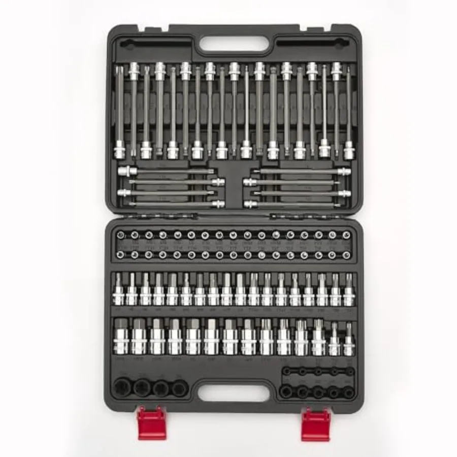 

107-Piece Master Torx and Allen Bit Socket Set S2 Steel 1/4" 3/8" 1/2" Drive Long Torx Ball End Hex Tamper-Resistant Star E-Sta