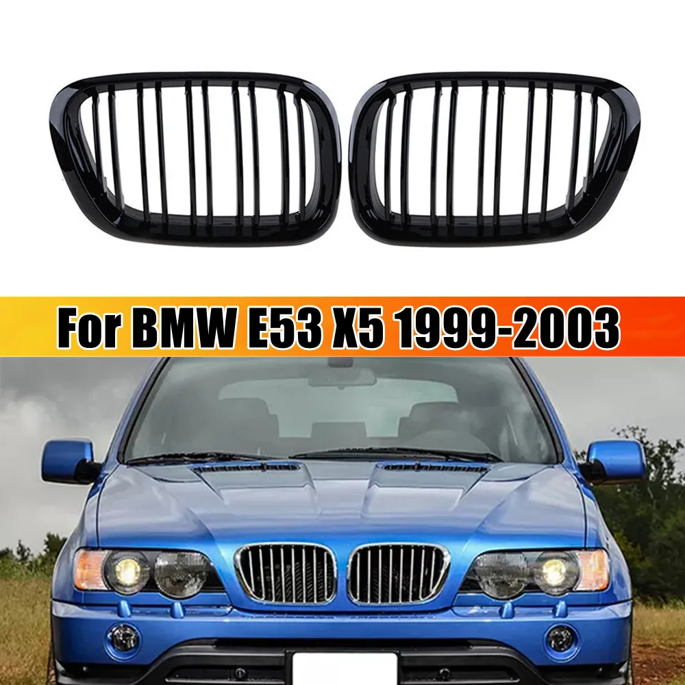 

Для BMW X5 E53 1999-2003: Глянцевая черная передняя решетка радиатора (ноздри) с двойными ламелями, гоночная сетчатая решетка, аксессуары для замены автомобиля