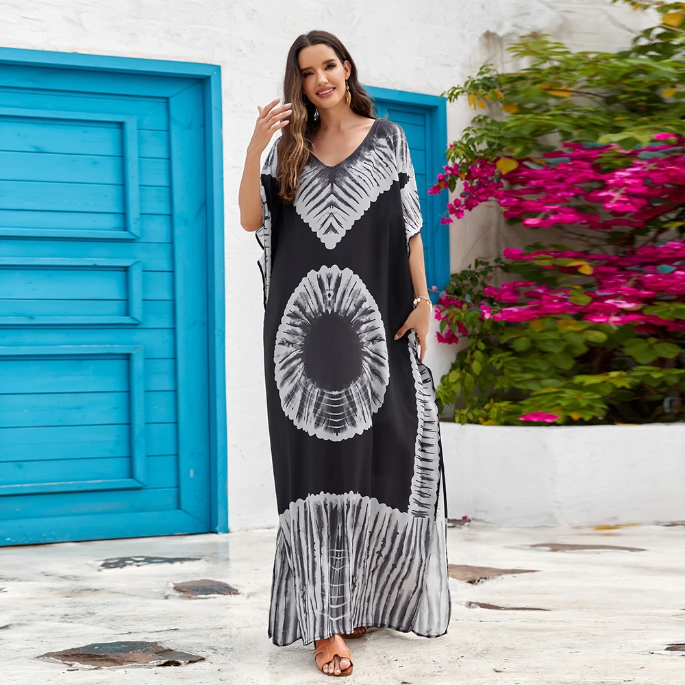 Plus Size Boho Cover Up, damska Plus wydruk graficzny rękaw w kształcie skrzydła nietoperza luźna, z wycięciem sukienka Kaftan Cover Up