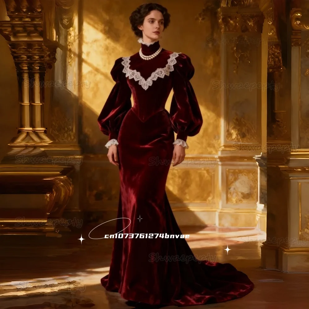 Suknia wieczorowa w stylu vintage w kolorze burgundowym, z aksamitu, z długimi rękawami, wysokim kołnierzem, krój syreny, elegancka suknia na bal, sukienki formalne szyte na miarę.