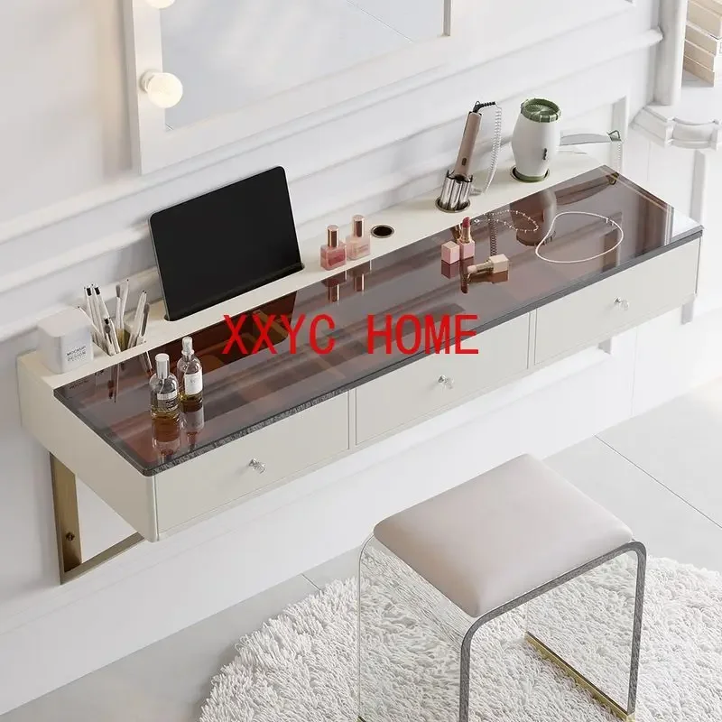 

Modern Floating Makeup Vanity Tempered Glass Top Wall Mounted Beauty Station