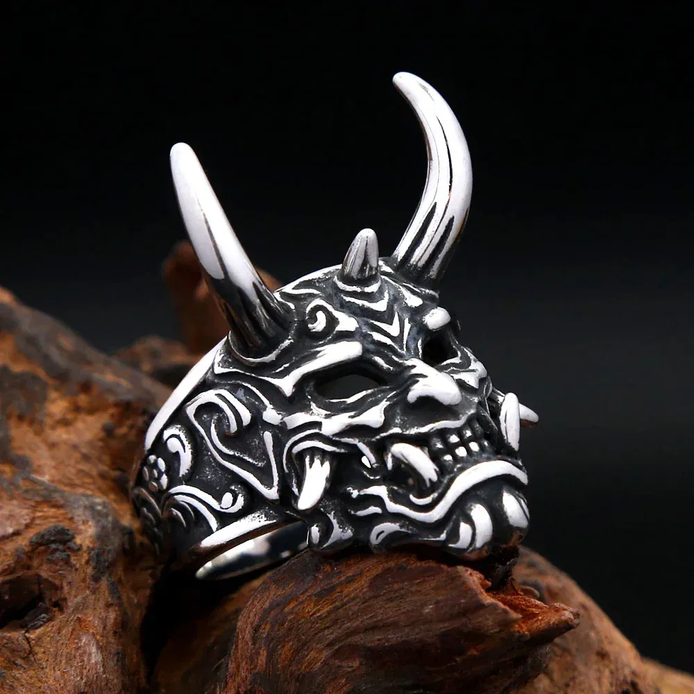Vintage Gothic Floral Skull Mask Ring Stainless Steel Punk Horn Demon Band For Men Unique Motorcycle Gothic Amulet Jewelry