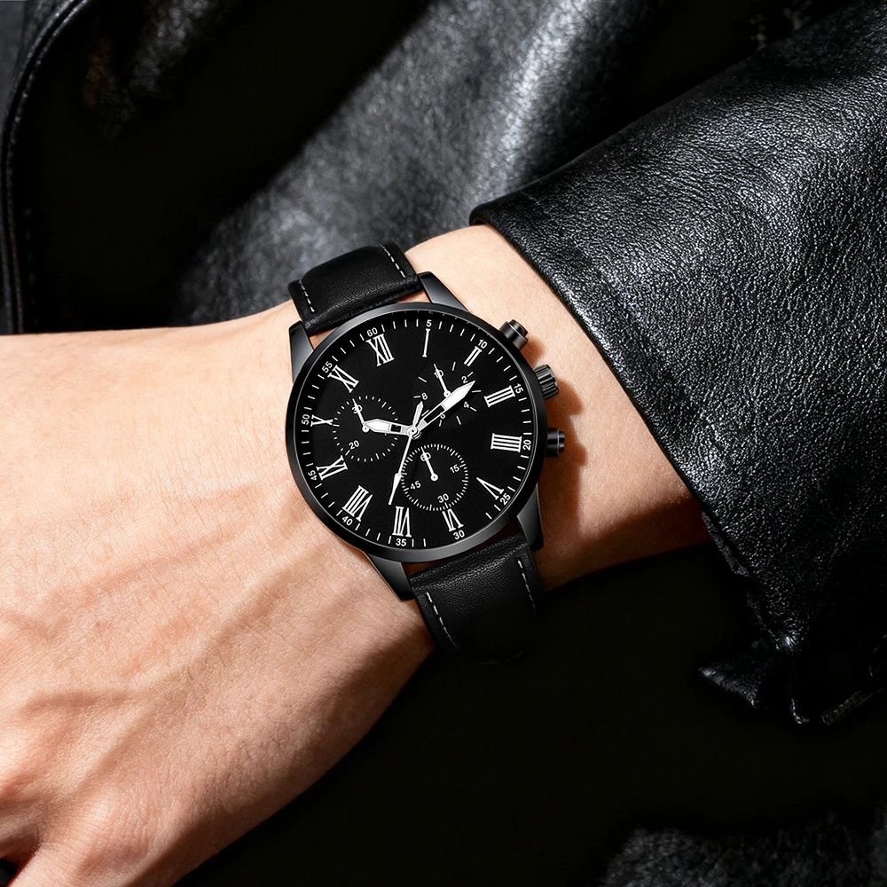 Casual men's watch PU leather sports quartz watch chronograph men's watch