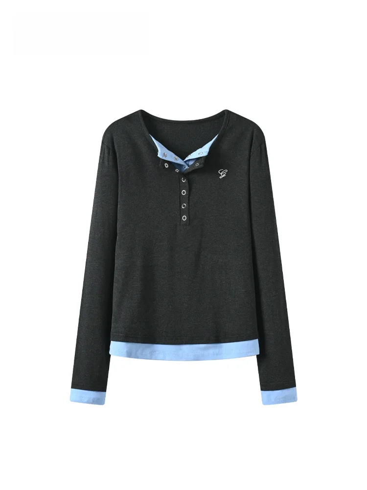 

CaraCLUB plus Size round Ne Long Sve Knitted Sweater Women Spring Faion Color Blo Fake Two-Piece Top plus Size Sister