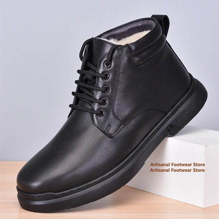 Men's Black Leather Winter Ankle Boots Warm Fleece Lined Lace Up Casual Boots Anti Slip Thick Sole Outdoor Snow Booties