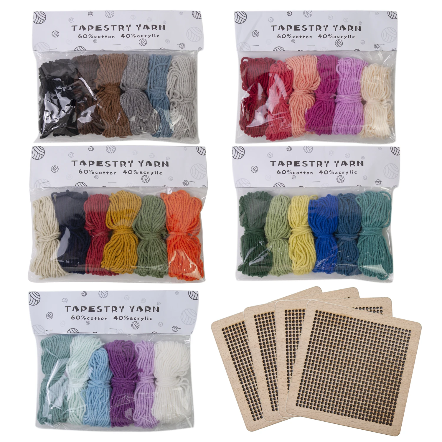 DIY Coaster Tapestry Yarn Kit 4 Strands 2mm Yarn 10M Per Roll And 4PCS 10*10cm Wooden Board With 2 Weaving Needles