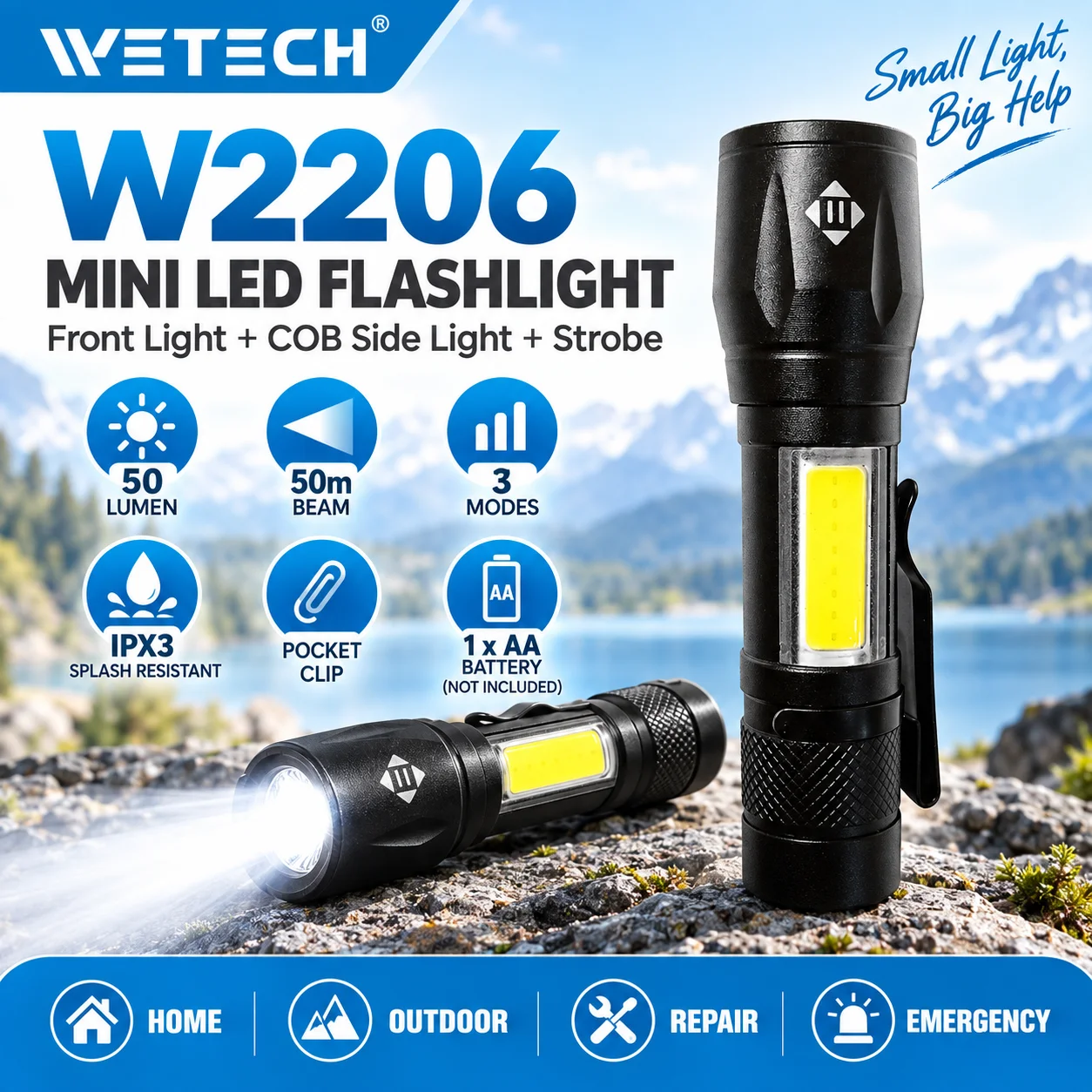 W2206 Mini torcia a LED, 50 lumen, 3 modalità, luce frontale COB, luce laterale, funzione stroboscopica, impermeabile, torcia tascabile con clip, 1 batteria AA.