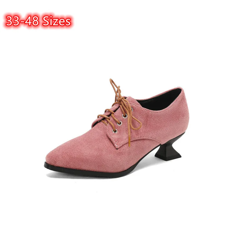 Women Lace-Up Cross Tied Pumps Kitten Heels 4cm Pointy Toe Retro Shoes For Spring Pinkish Black Beige Stilettos Chaussure 48 46