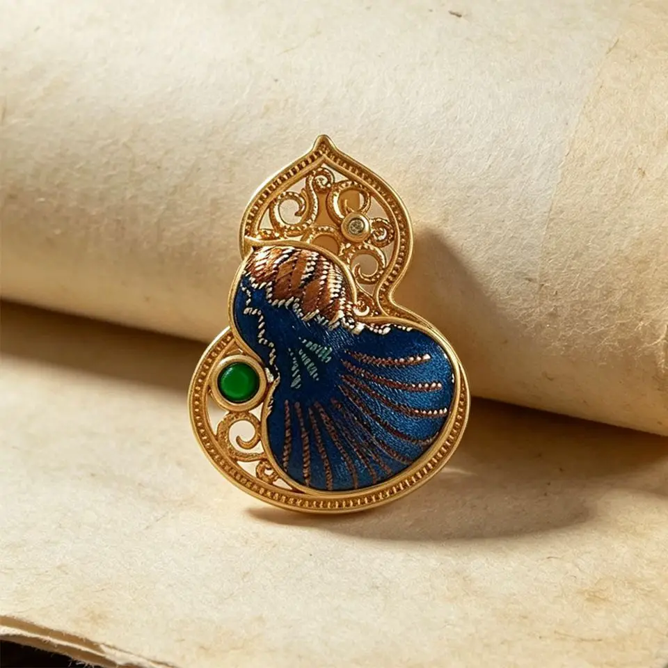 Oriental Gourd Shape Brooch Vintage Song Brocade Pearl Hollow Gold Filigree Lapel Pin Wedding Jewelry Vintage Oriental Ornament