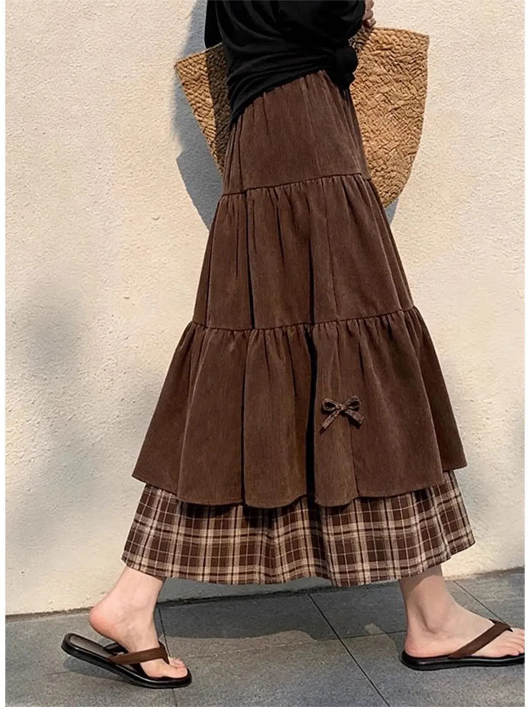 plus Size Women's Vintage Plaid Patchwork Corduroy A-Line  Skirt High Waist Straight Leg Pants Casual  Knot