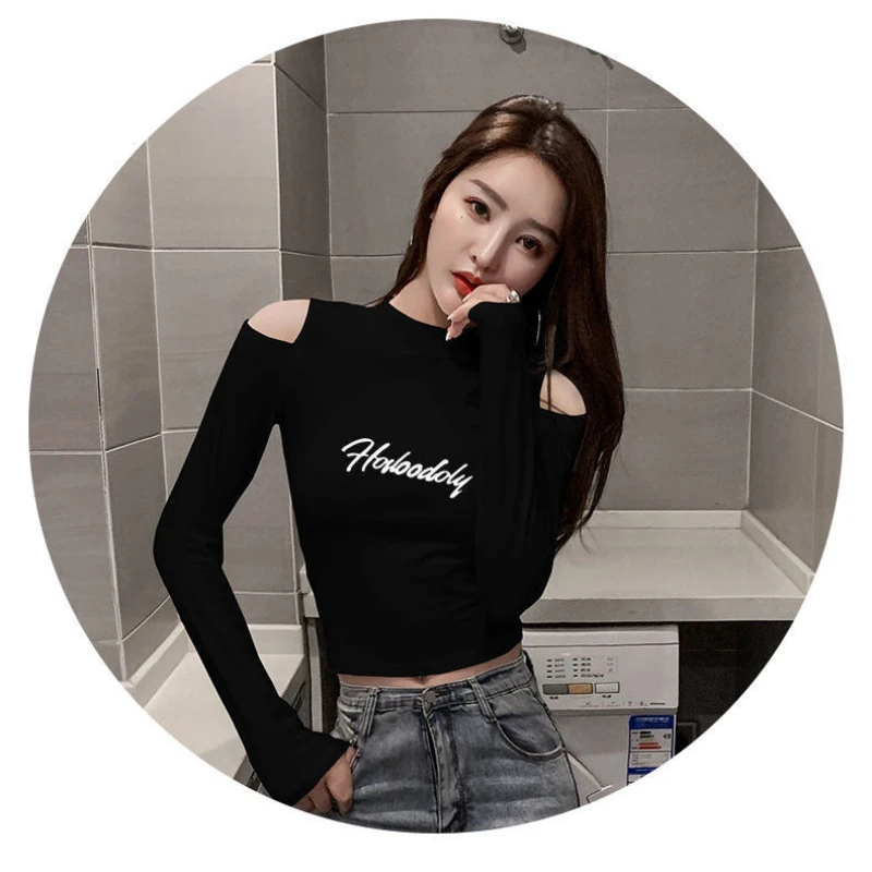 Korean Style Letter Printed Aesthetic Tee Shirt Sexy Off Shoulder Slim Short Tops Women Wild Long Sleeve Y2k Streetwear Crop Top