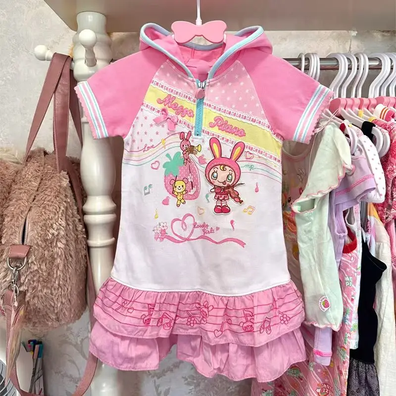 Japanisches Harajuku Kurzarm-Kapuzenkleid für Damen Süßer A-Linien-Rock Kawaii Cartoon-Print Y2k Vintage Slim Frühling Sommer