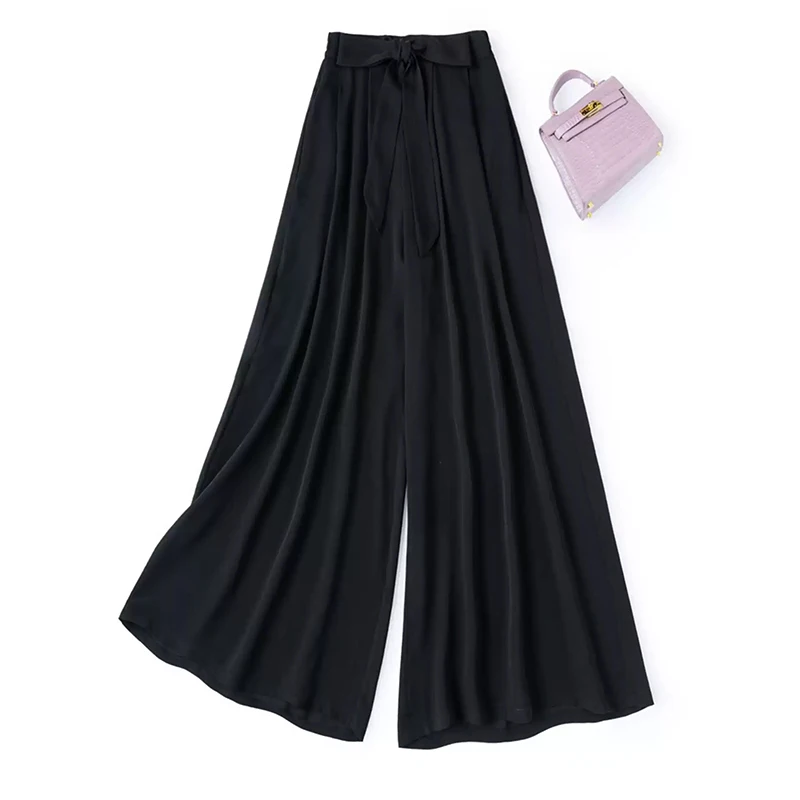 Women Pants 100% Mulberry Silk Loose Type Wide Leg Solid Black Color Long Pants Trousers With Pockets M1732