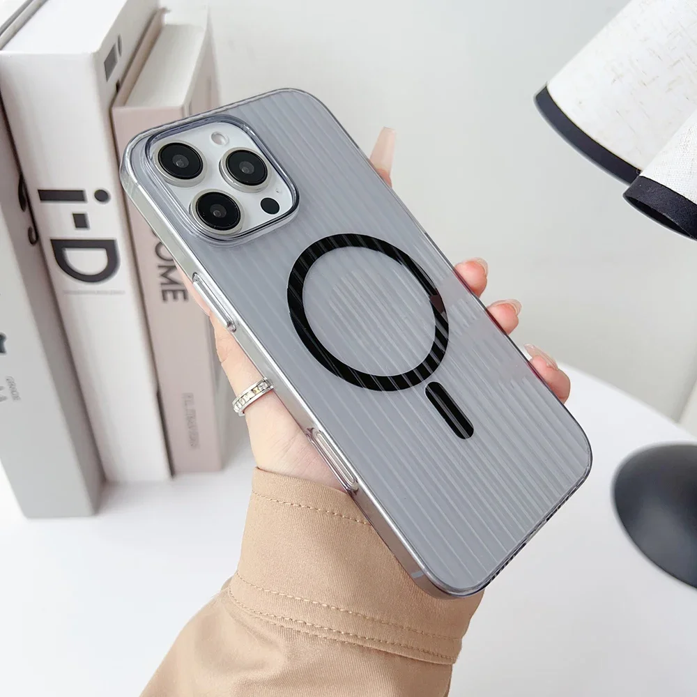 حافظة صلبة شفافة عالية الدقة لهاتف آيفون 16 15 14 13 12 Pro Max Magsafe بنمط مموج مغناطيسي للشحن اللاسلكي