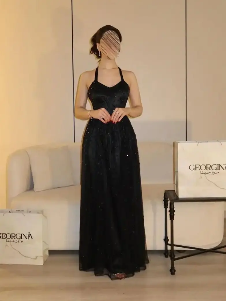 

Ofherown Black Halter Heart Neck Sequin Evening Dress Women A-Line Prom Gown for Party Prom Wedding Guest 2026 Customized