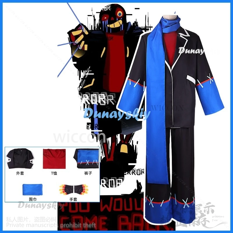 Anime Game Undertale Cosplay Error Sans Costume Adult Black Uniform Jacket Pants Royal Blue Scarft Halloween Suit Customized