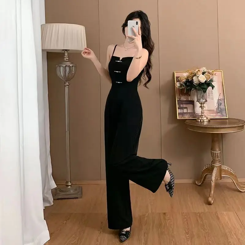 2024 Wiosna Lato Nowy Petite Waist Cinching High Camisole Straight Leg Jumpsuit Dla Kobiet Szerokie Nogawki Casual Pants Sling Romper