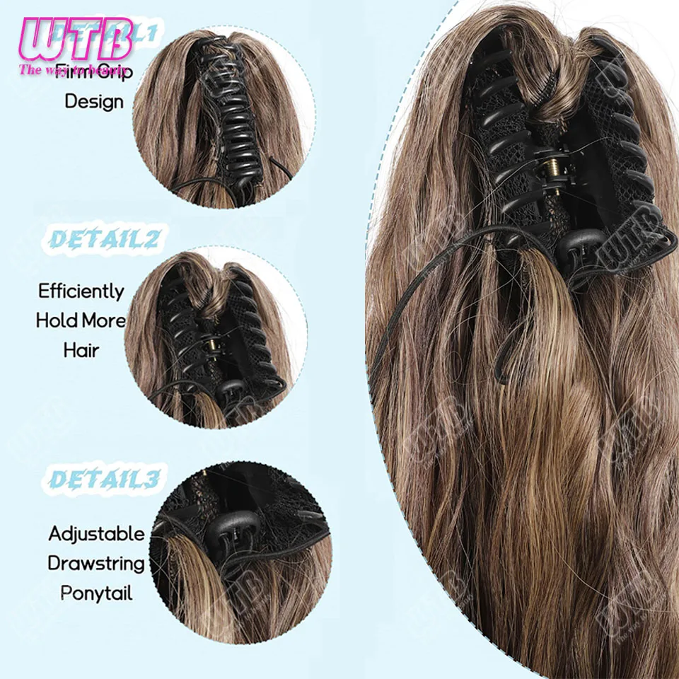 وصلة شعر صناعية على شكل ذيل حصان بمخلب طويل مموج مائي 26 بوصة من الألياف المقاومة للحرارة، قطعة شعر صناعية للنساء والفتيات #4